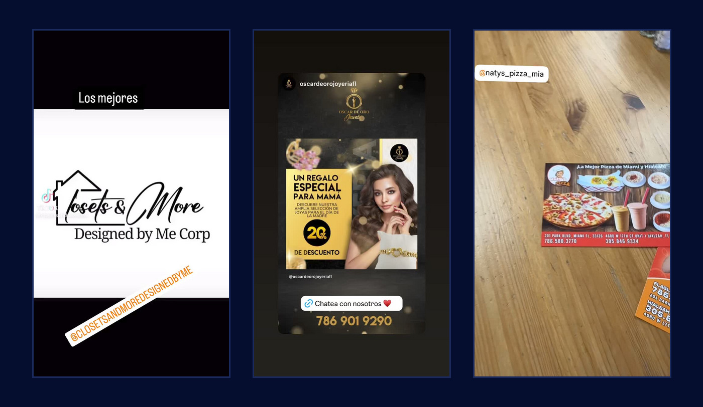 Tres historias de Instagram publicadas por la cuenta promocionando negocios de sus clientes